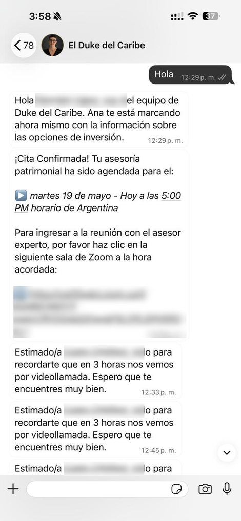 El agente agenda la videollamada y envia la sala de Zoom